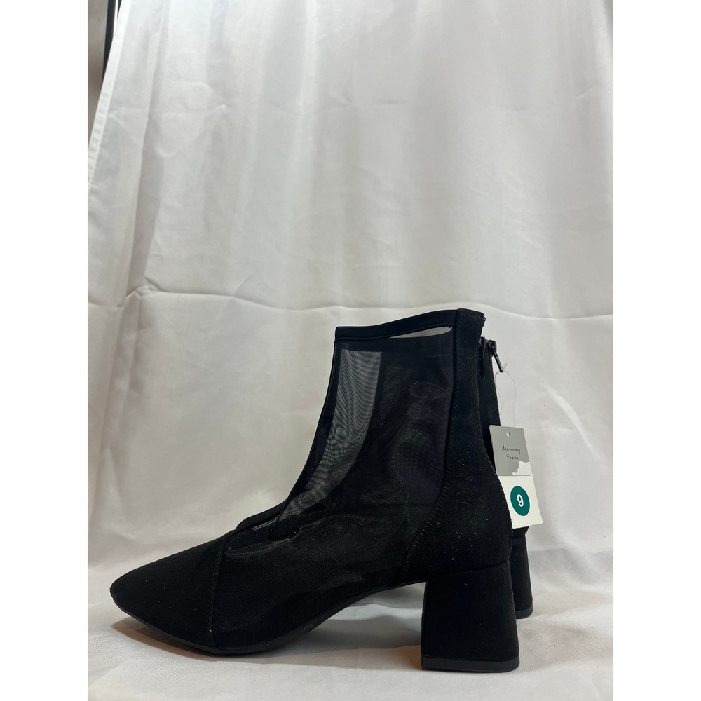 A New Day Women Black Mesh Block Heel Ankle Boots Pointed Toe Memory Foam Size 9